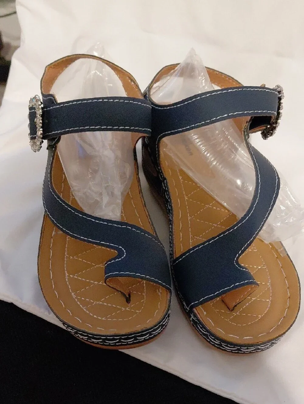 Women's Navy Wedge Sandals with Rhinestone Buckle